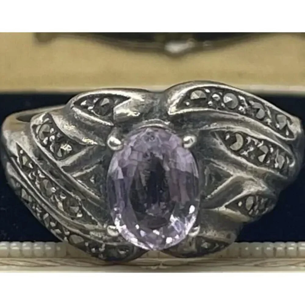 Vintage Art Deco Amethyst Marcasite Ring - Size 9